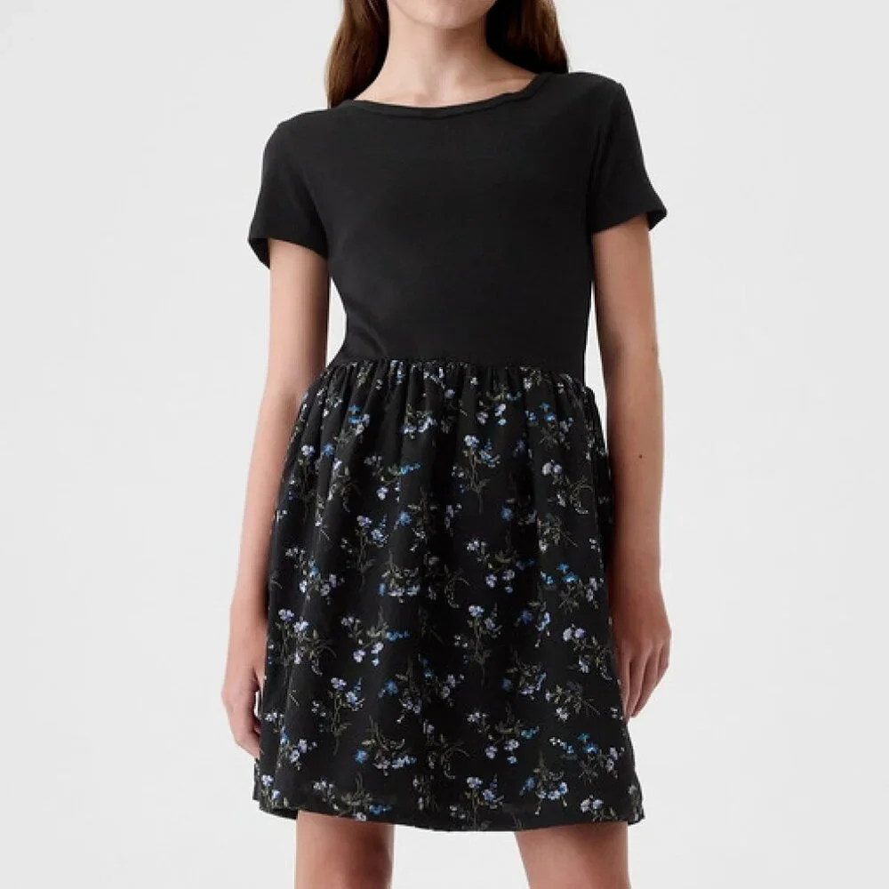 Gap Girls Black Short Sleeve Floral Print Skater Dress M